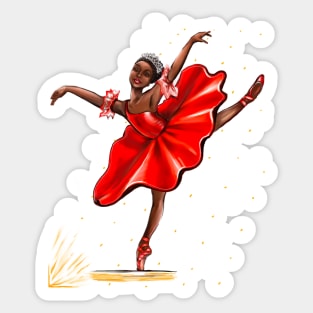 Ballet, African American ballerina in red pointe shoes, dress and crown - ballerina doing pirouette in red tutu and red shoes  - brown skin ballerina Sticker